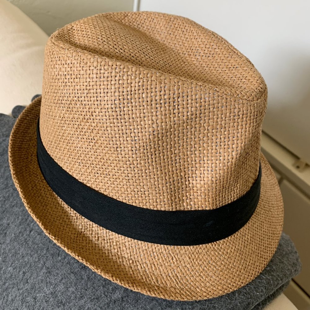Women Straw Fedora Hat with Black Ribbon
